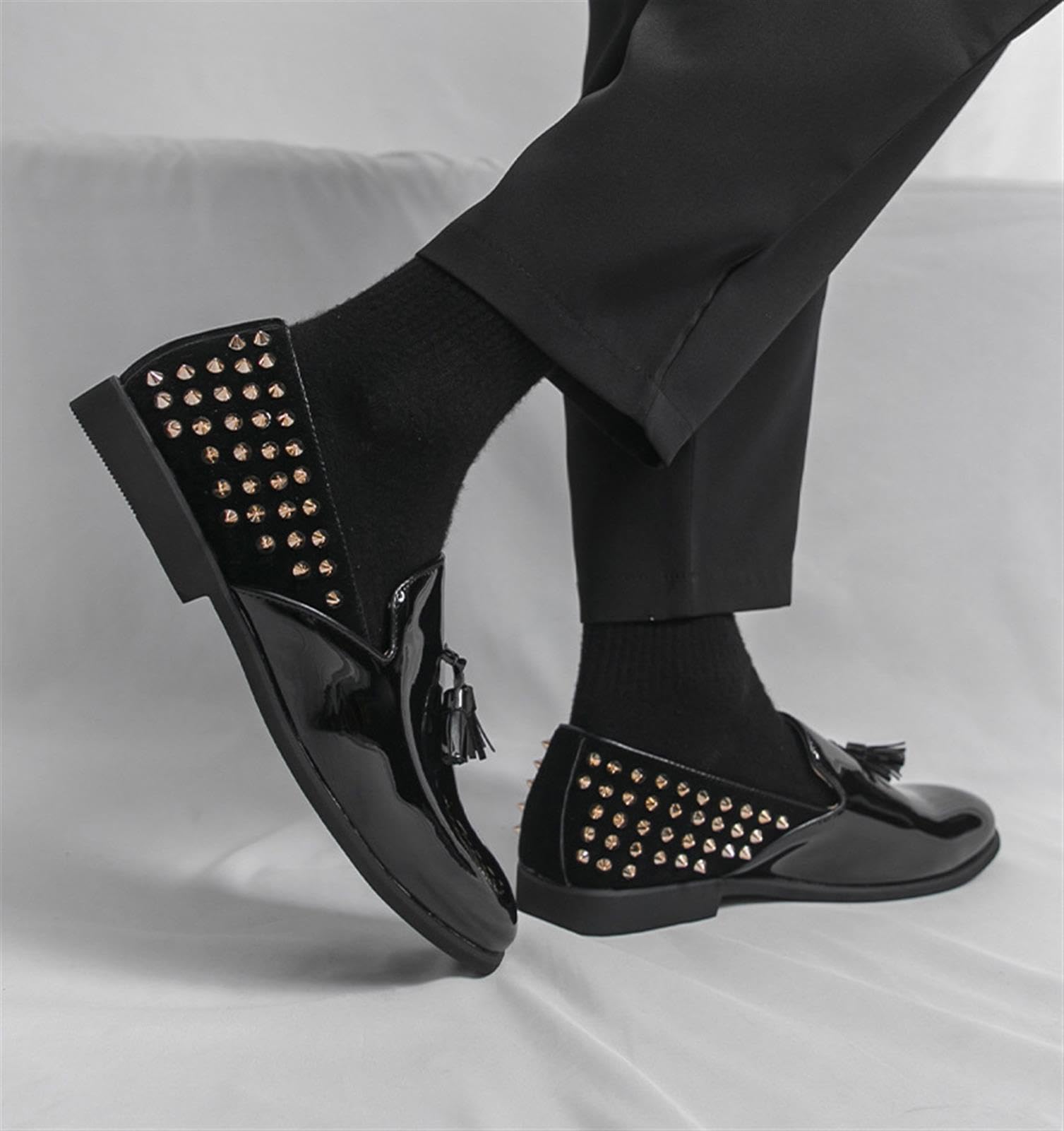 Mocassini Uomo in Pelle Verniciata Nera con Nappe, Scarpe Borchiate, Spille Oro Rosa Lusso, Festa Club Serata