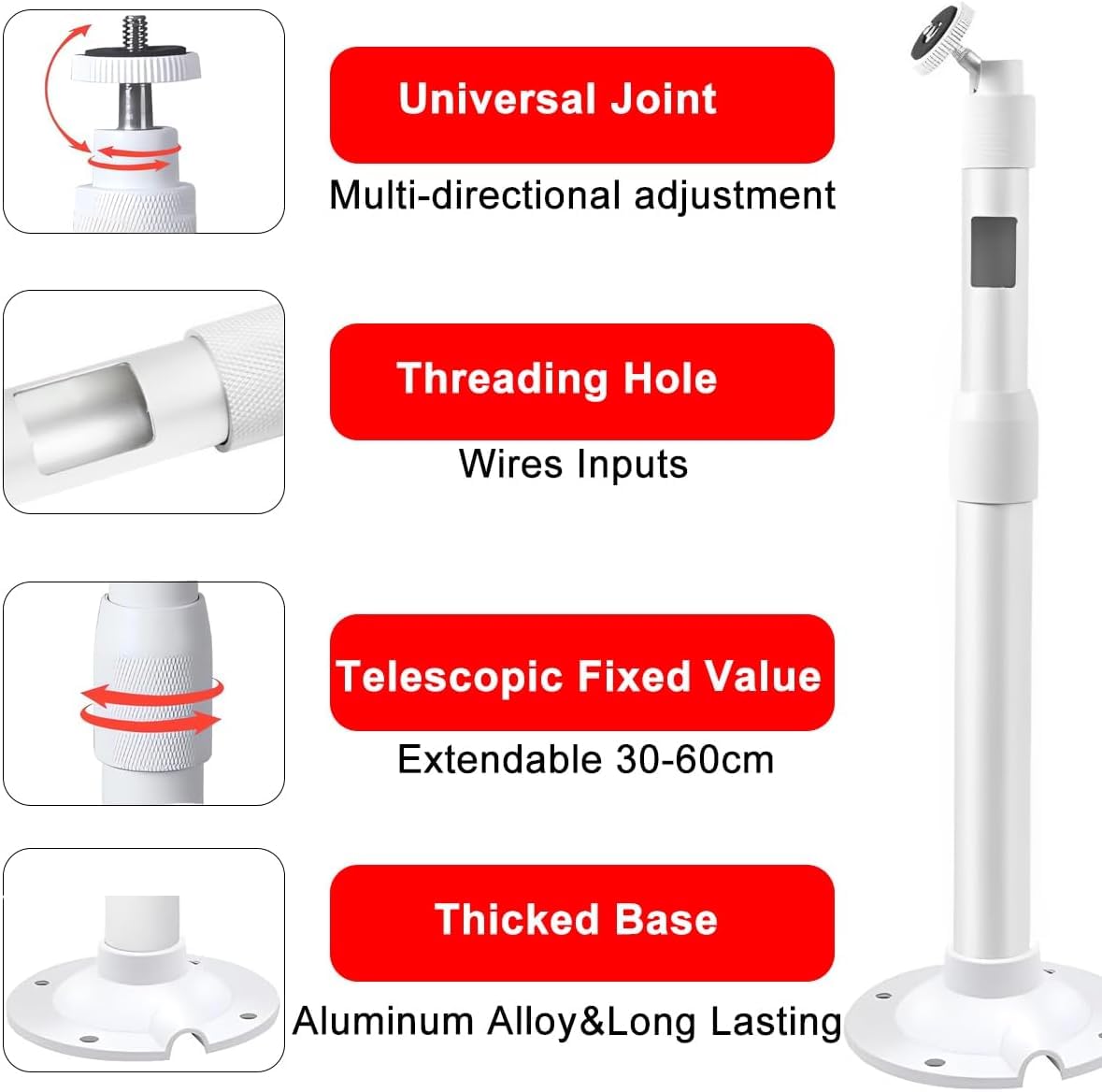 Soporte de Montaje Extensible para Cámaras Vigilancia Seguridad,30cm-60cm Ajustable Soporte de Montaje para cámara IP CCTV, Rotación de 360° Poste Montaje para Cámara de Vigilancia (Blanco)