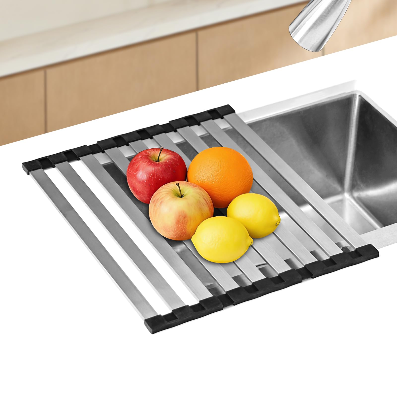 KitchenRaku Sink Drainer Rack 42x32.5cm, Foldable Over the Sink Dish Drying Rack, Stainless Steel Multi-Purpose Drainer For Dishware, Fruits, Vegetables, Kitchen Counter Organize