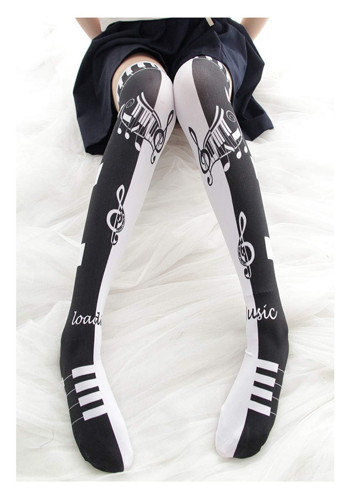 Original Lolita Black White Key Note Drucken High Socken Langlauf-Knie-Socks Warm (Color : Black)