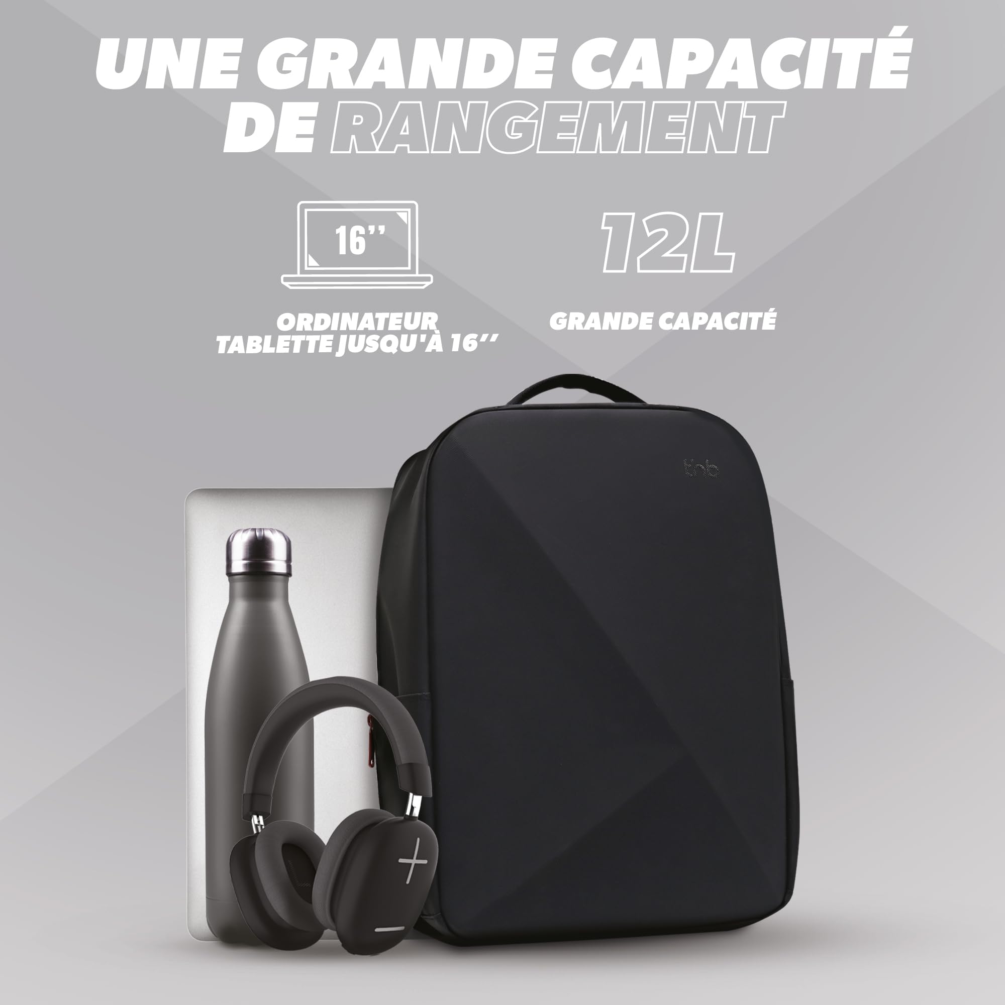 T'nB – Mochila Impact con carcasa rígida EVA de 7 mm, resistente a golpes y caídas, compartimento para PC de hasta 16 pulgadas, Antivol, comodidad ergonómica con almohadillas reforzadas, material