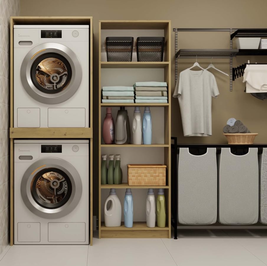 BDW Waschmaschinenschrank für Waschmaschine & Wäschetrockner Pola Twin, 180x64x64 cm, Badezimmerschrank Hoch, Badezimmer Möbel, Trockner, Eiche Artisan