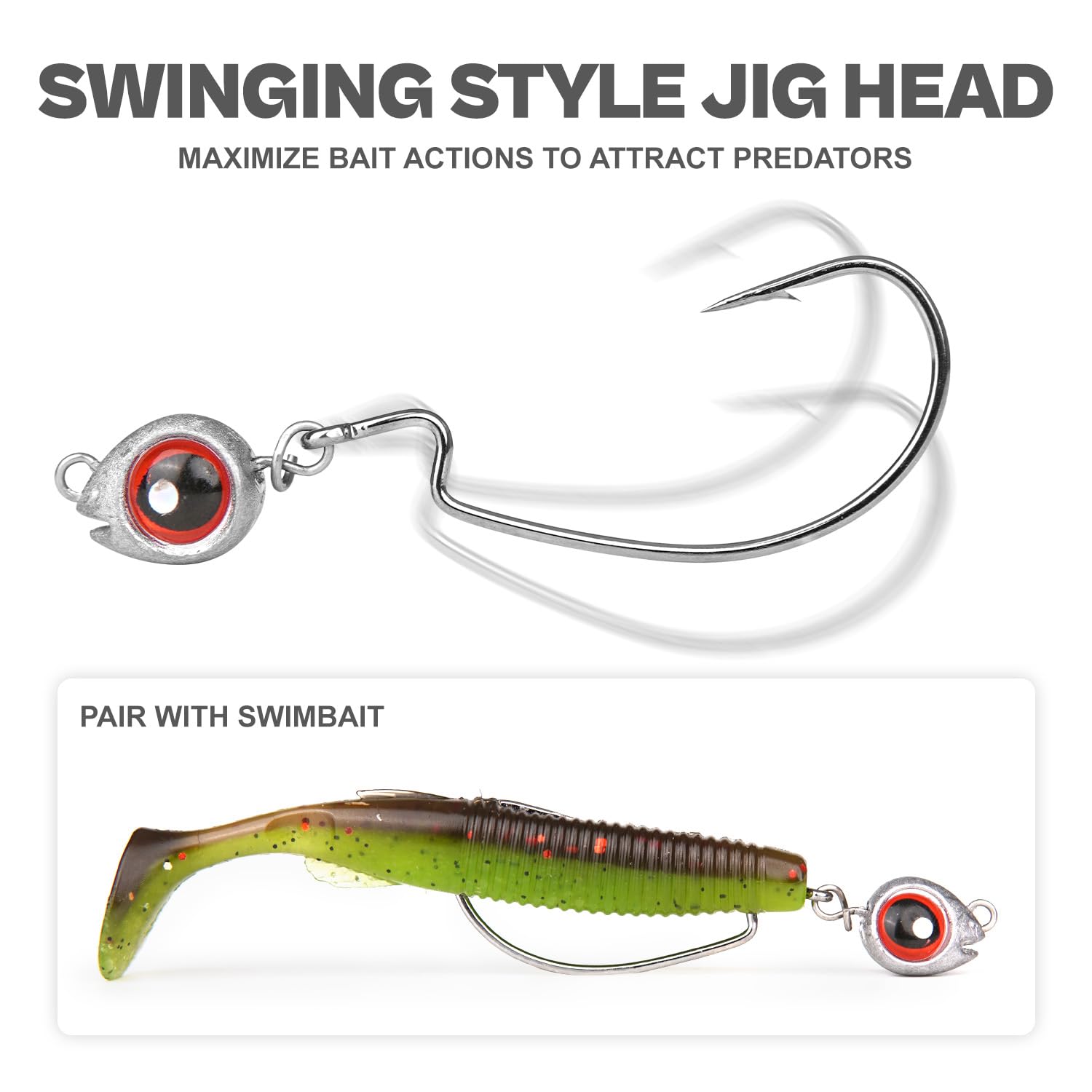 15-Sets Detachable Fish Head Swimbait Jig Heads - Weedless EWG Hooks Kit for Fishing (15 Fish Eye Weights + 15 Hooks)