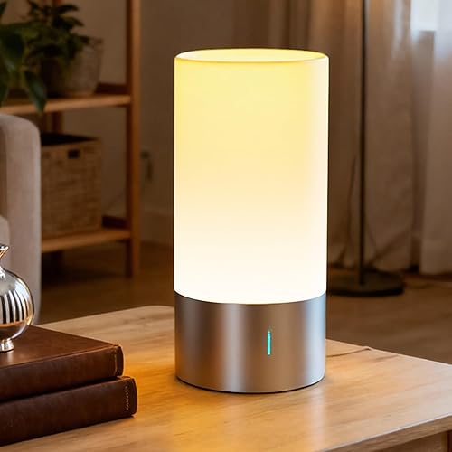 Lámpara de mesa, lámpara de control táctil de mesita de noche para dormitorio, 3 niveles, regulable, luces blancas cálidas con modo de color RGB 256