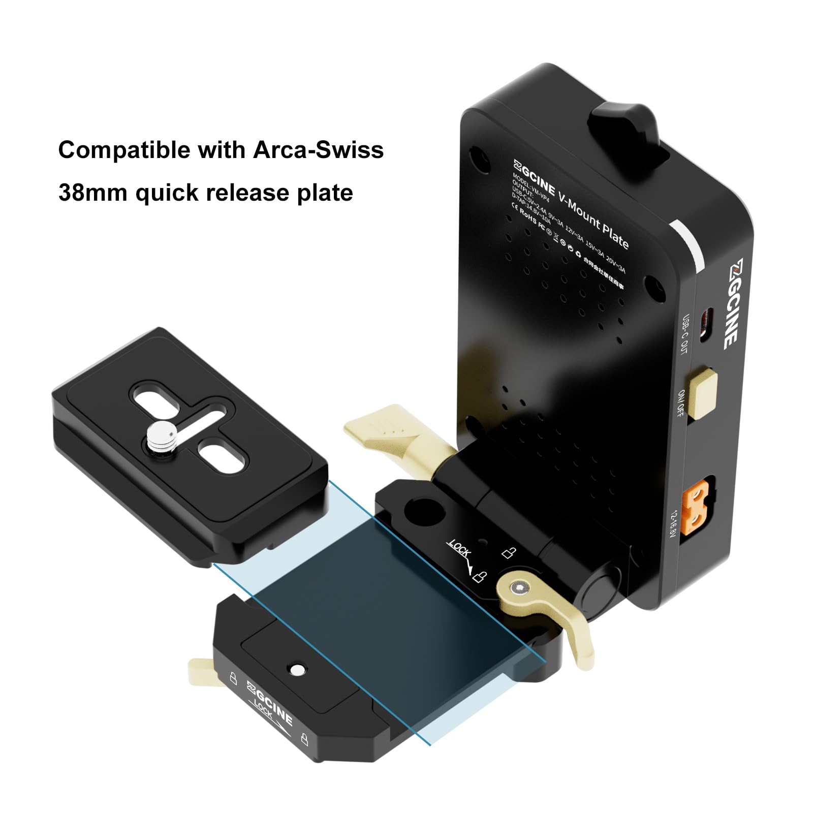 ZGCINE VM-VP4 - Adattatore a batteria con attacco USB-C PD, piastra Arca-Swiss da 38 mm, design girevole a 90° e portaoggetti telescopico pieghevole