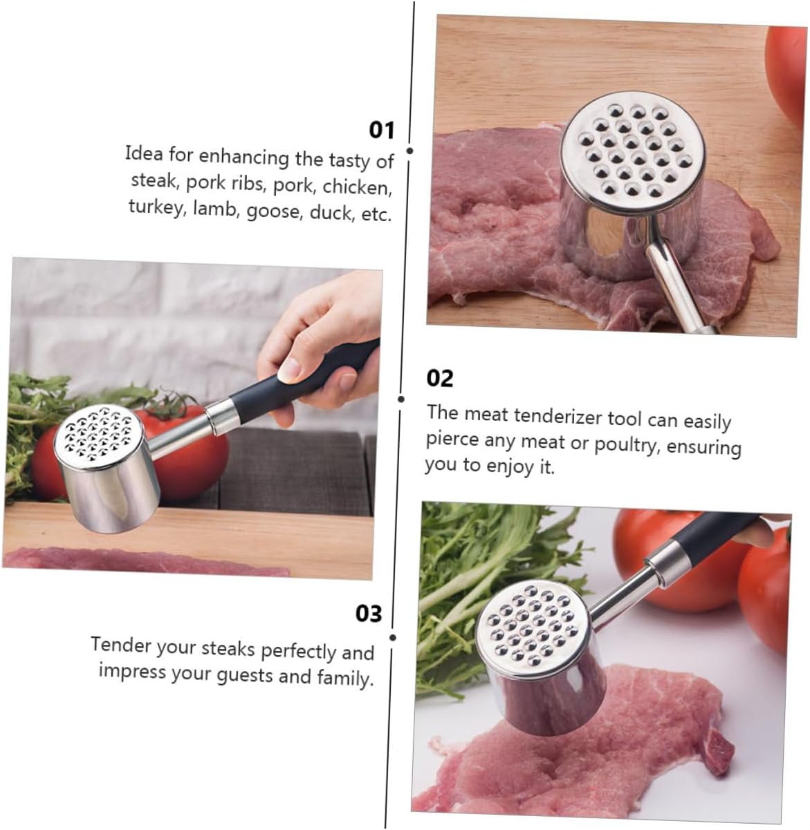 Ipetboom Dual Sided Meat Tenderizer Hammer Mallet 304 Stainless Steel with Black Non-slip Handle for Steak Beef Pork Kitchen Pounder Tool