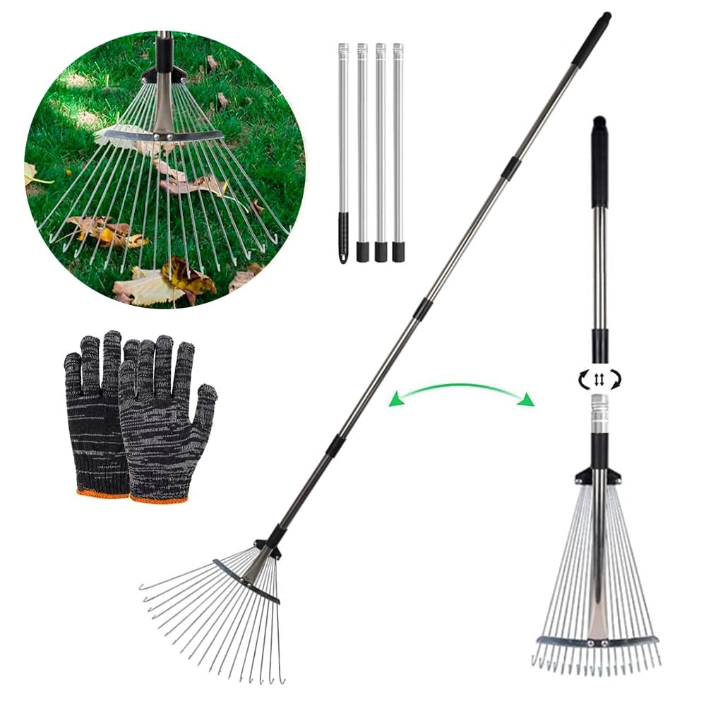 rastrillo de Hojas Ajustable con Mango de 215 cm,rastrillo Hojas Regulable,rastrillo Recoge Hojas Jardin,rastrillo Jardin con Mango para Hojas,rastrillo para Limpiar Plantas, césped y Patio