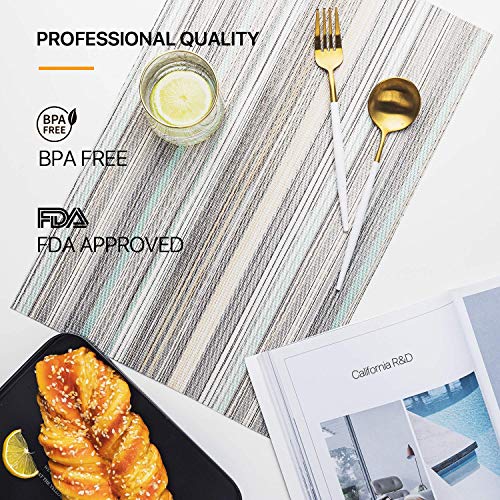 Placemats, Placemats for Dining Table Set of 8 Waterproof, Woven Place Mats for Kitchen Table Vinyl Heat Insulation Stain Resistant Placemats (Set of 8, Blue Stripes)