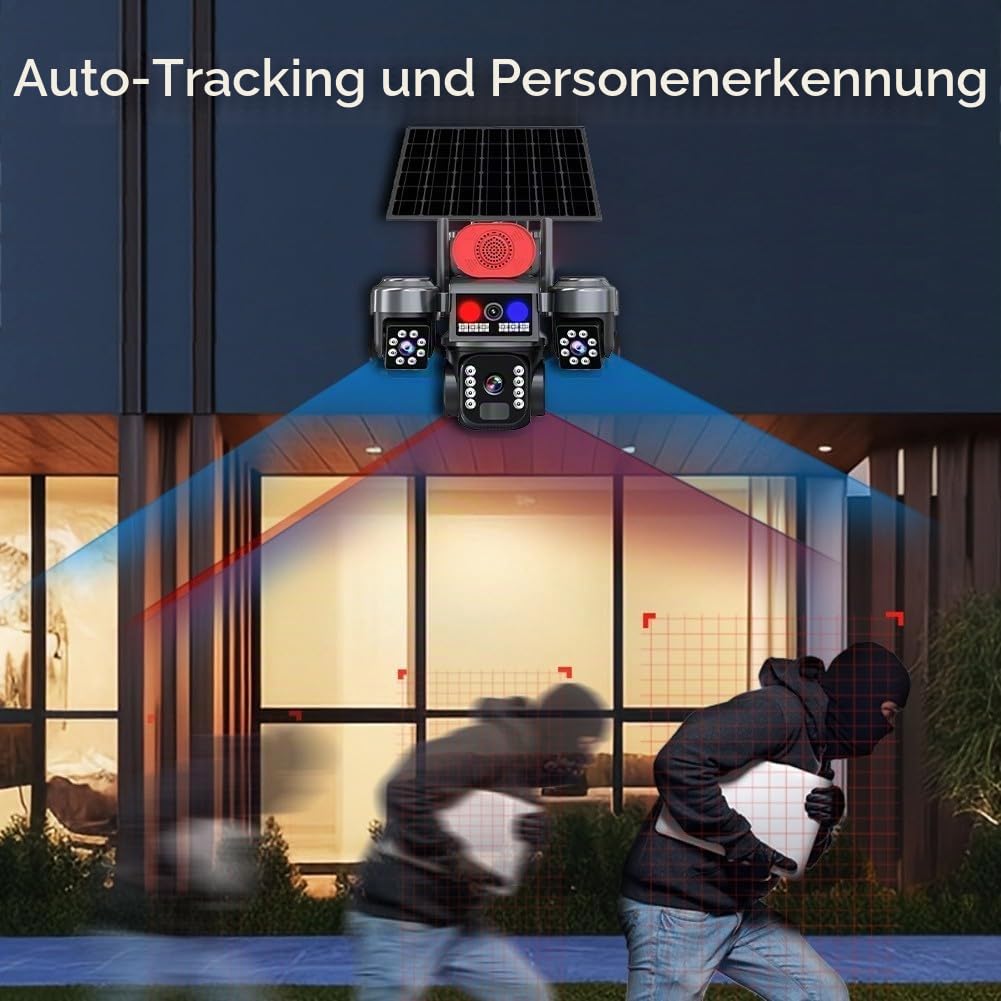 Solar Überwachungskamera Akku mit DREI-Objektiv, 360° Schwenkbar WLAN Kamera Outdoor Kabellos, 2, 4 GHz WiFi, KI-Erkennung, Farbnachtsicht, Zwei-Wege-Audio, IP66