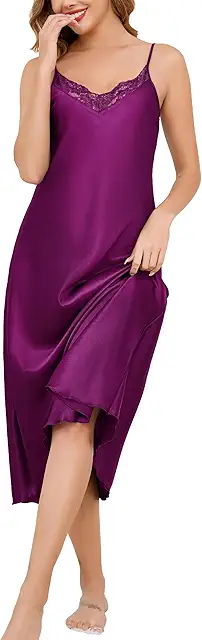 Purple Satin Silk Nightie for Women - Sexy Lace V-Neck Chemise with Adjustable Straps