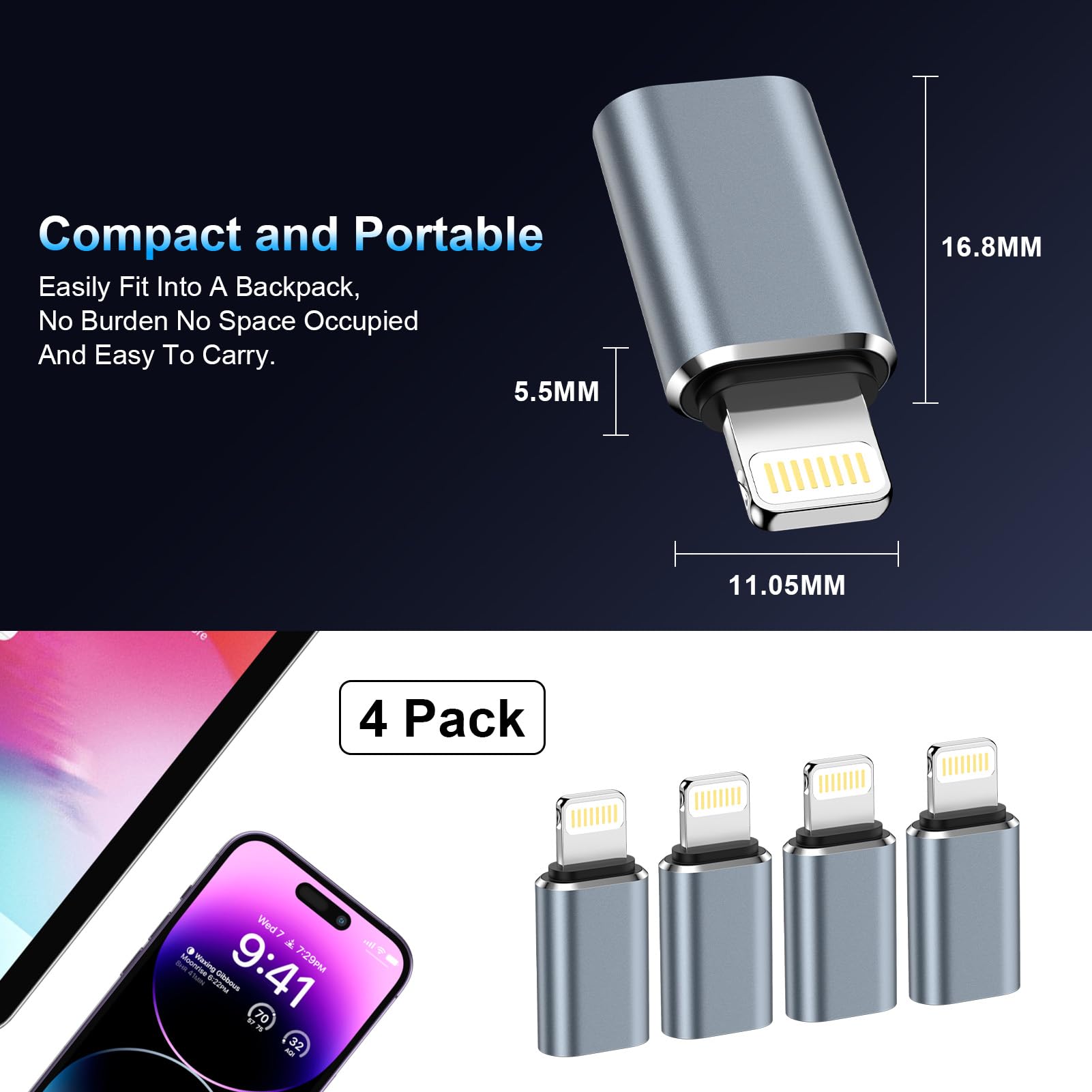 Gaef Adaptateur USB C vers Lightning Lot de 4, Charge Rapide PD pour iPhone 14 Pro Max/14/13/12/11/iPad/Airpods