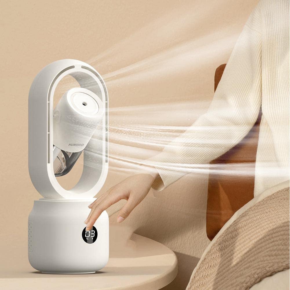 Ventilatore senza pale, condizionatore d'aria ricaricabile 3 in 1, ventilatore portatile, ventilatore da tavolo, display a LED con circolazione a 360° con luce notturna, ventilatore raffreddatore d'ar
