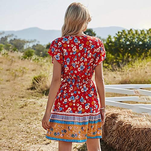 Bestsmile Flores de verão com babado estampado feminino manga curta vestido casual bandagem cintura