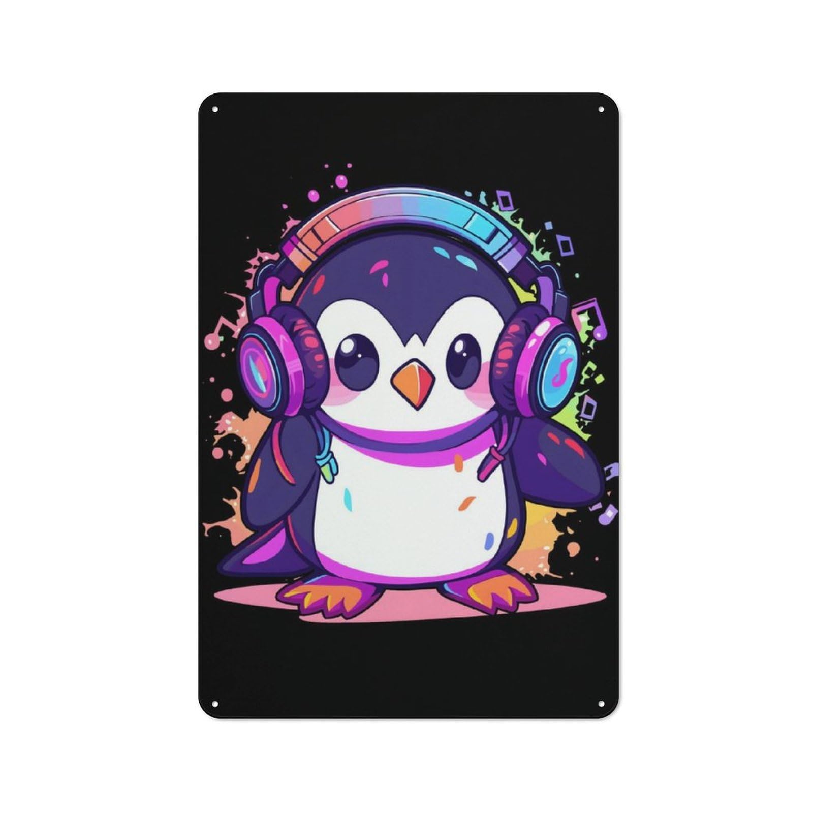 Junmoney Cool Penguin Headphones Country Vintage Metal Wall Decor 30X20cm, Country Metal Sign For Kitchen, Cottage, Porch Or Garden Room