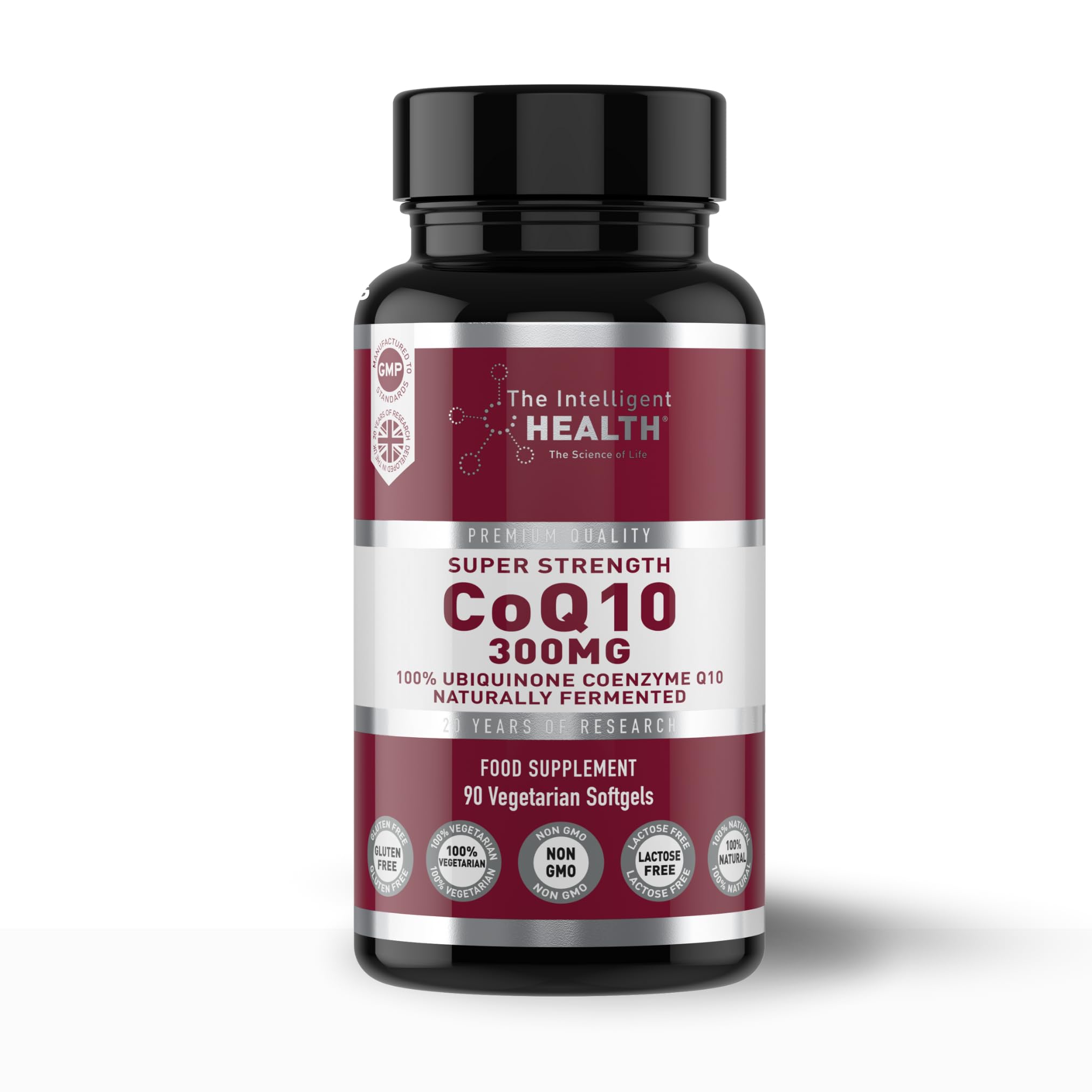 The Intelligent Health CoQ10 Supplement, Fermented Coenzyme Q10 Ubiquinone for Women & Men, Easy to Swallow 300mg 90 Vegetarian Softgels