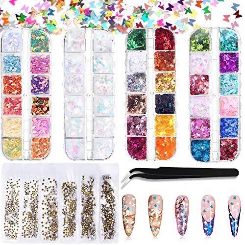 3D Holographic Butterfly Nail Glitter 48 Color/Set Butterfly Nail Glitter Sequins Laser Butterfly Sequin Acrylic Paillettes Rhinestone with Tweezers for Nail Art Decoration & DIY Crafting