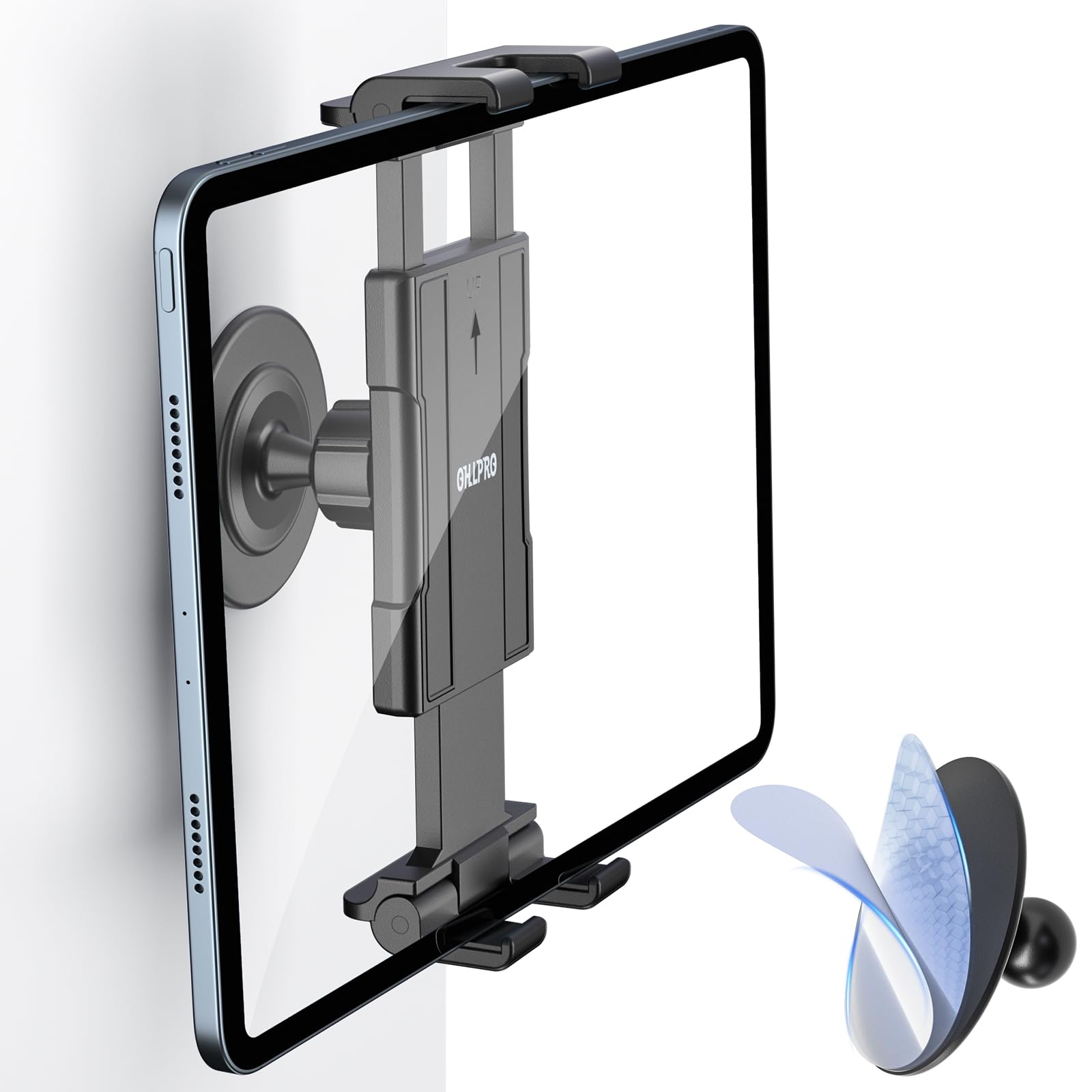OHLPRO Uchwyt ścienny do tabletu z klejem 3M, uchwyt ścienny do iPada obracany o 360°, regulowany, uniwersalny szklany/kafelkowy ścian, kompatybilny z iPad Pro/Mini, Air, iPhone, Galaxy Tab, Kindle