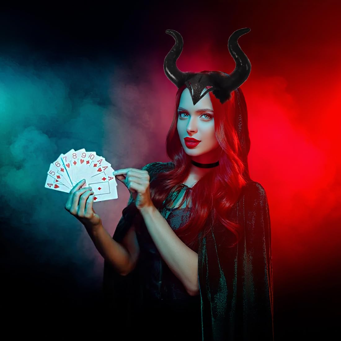 Cadimus Costume de Diable pour Femme,Costume d'halloween pour Femme avec Coiffe de Cornes de Reine,Collier en Dentelle Gothique,Cape d'halloween Noire pour fêtes d'halloween, fêtes costumées Cosplay