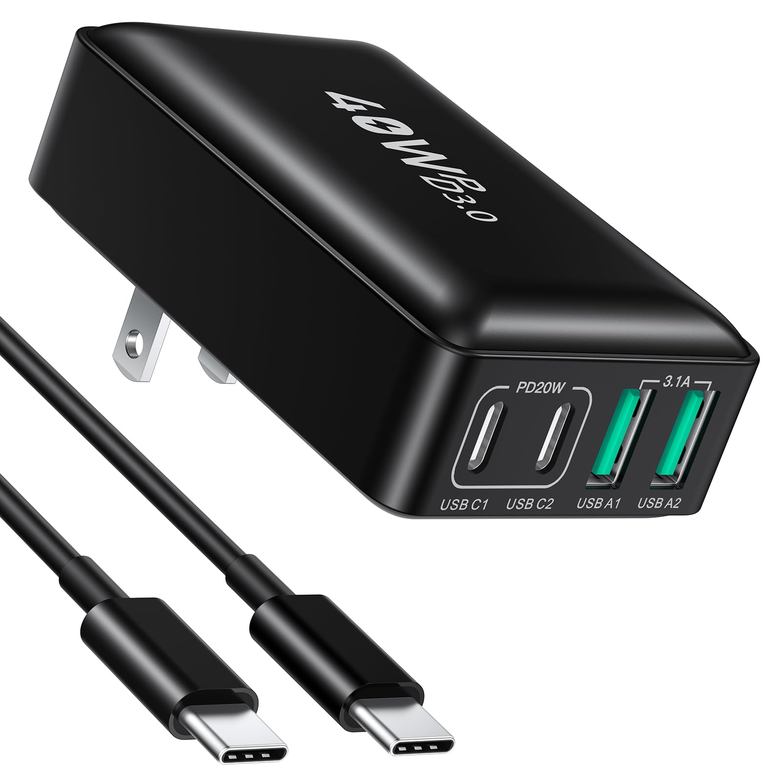 USB C Charger Block, Excgood 40W Flat 4Port USB Wall Plug Dual PD QC Fast Charging Travel Power Adapter Multiport Compatible with iPhone 15 iPad Pro Galaxy S24 Ultra, with 6ft USB C to C Cable