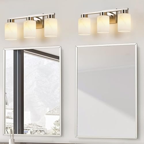 Miniatura 7 de Lámpara de baño de 3 luces, luces modernas de tocador, lámpara de pared de metal de níquel cepillado con vidrio de mármol blanco para baño, espejo,