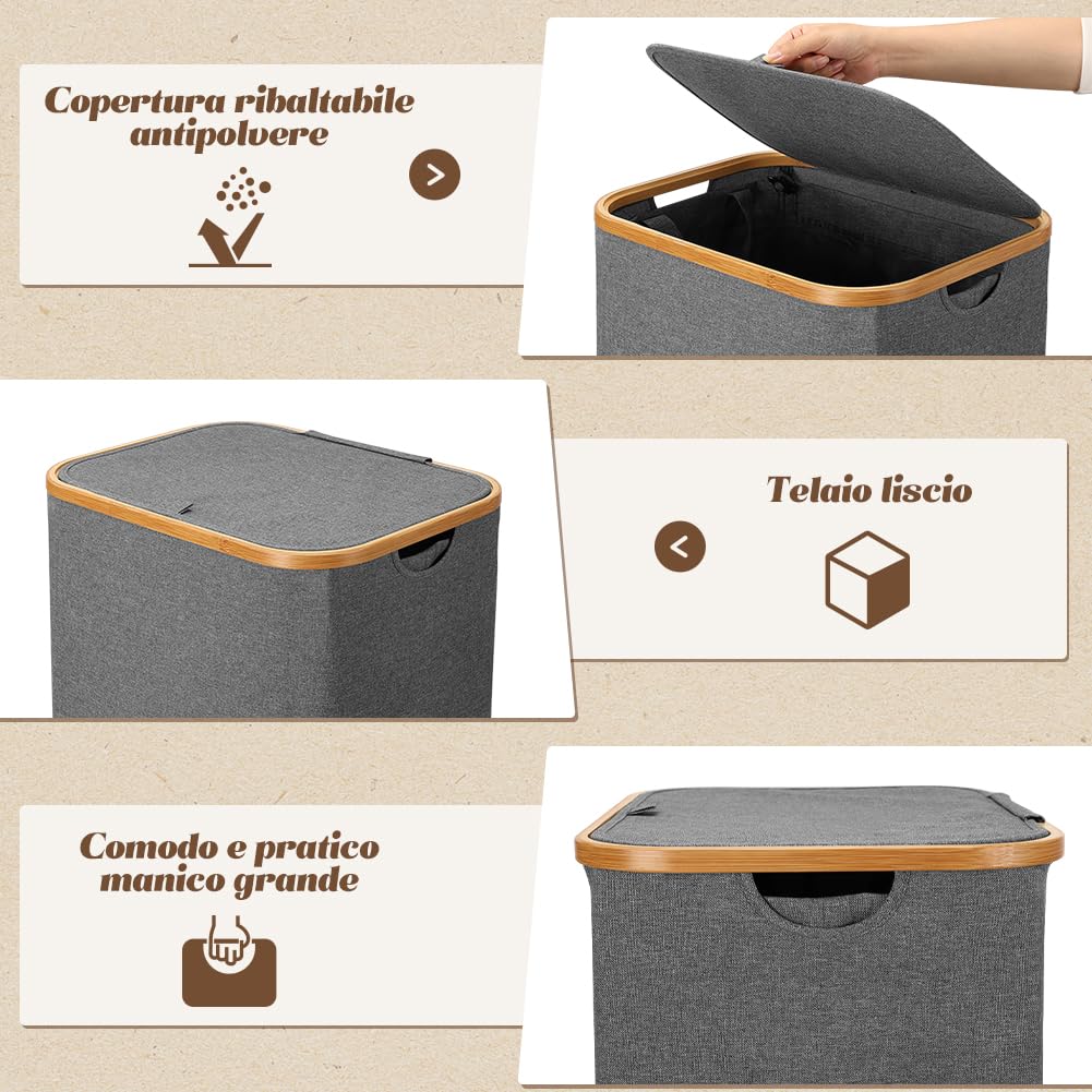 Cesto Portabiancheria Sporca per Bagno Grigio 105L Cesta Portabiancheria in