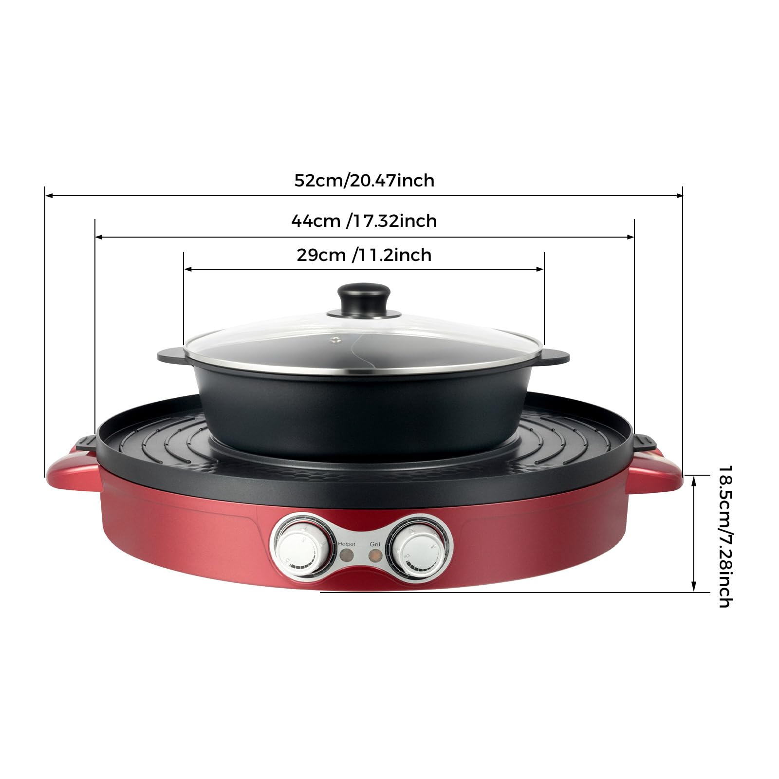 Hot Pot - Pentola elettrica 2200 W, con griglia e divisorio, multifunzione, 2 lati, antiaderente e griglia da tavolo, 2 in 1, per 2-8 persone, colore rosso, 52 x 18,5 cm