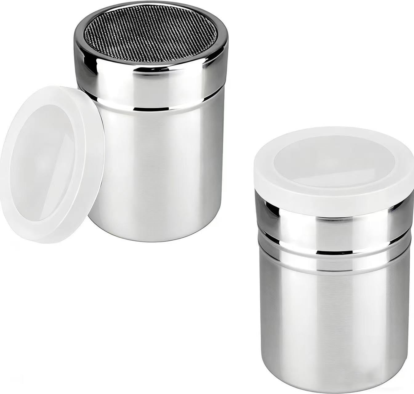 2 sztuki cukierniczek puder ze stali nierdzewnej z pokrywką – kakao do cappuccino, cukierniczki i przypraw z drobnym sitkiem do kakao, cynamonu, cukru pudru, mąki, kawy, czekolady, deserów
