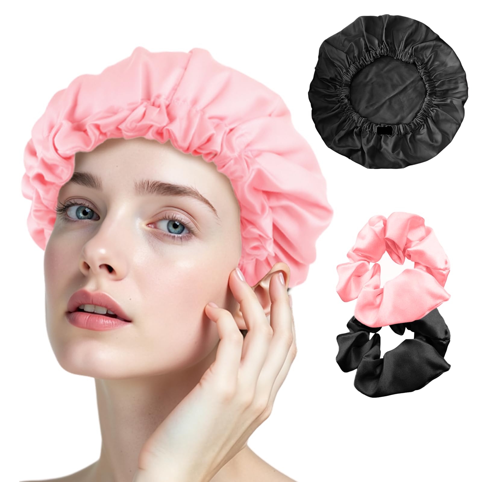 2 Stück Seidenhaube zum Schlafen für Lange Haare – Weiche & Luxuriöse Schlafhaube aus Seide, Dank seiner verstellbaren als Perfekte Haarhaube für die Nacht（Schwarz + Rosa）