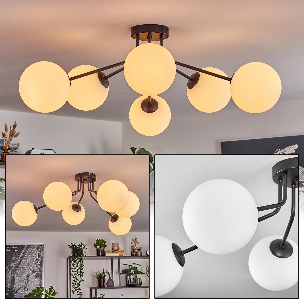 HOFSTEIN Deckenleuchte Gastor, Deckenlampe aus Metall/Glas in Schwarz/Weiß, Leuchte im modernen Retro/Vintage-Design mit Schirmen aus Glas (Ø 15 cm), 6 x E14, ohne Leuchtmittel