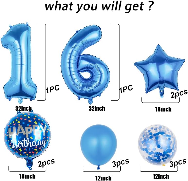 Miniatura 2 de Globos, 11 globos de aluminio para niños de 16 años para suministros de fiesta de cumpleaños de 16 años, globos de confeti, globos de fiesta de