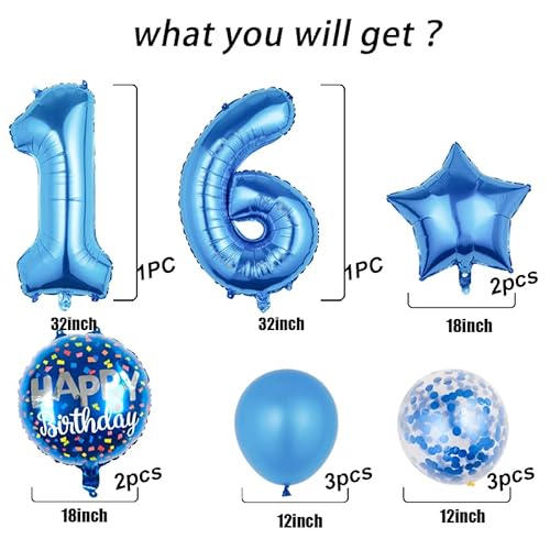 Balloons, 11 Pcs Foil Balloons 16 Year Old For 16Th Birthday Party Supplies Decoration， Confetti Balloon Kids Party Balloons Birthday Party Supplies 16 Years Old Birthday Balloon For Kids (16Th, Blue) #TOP1