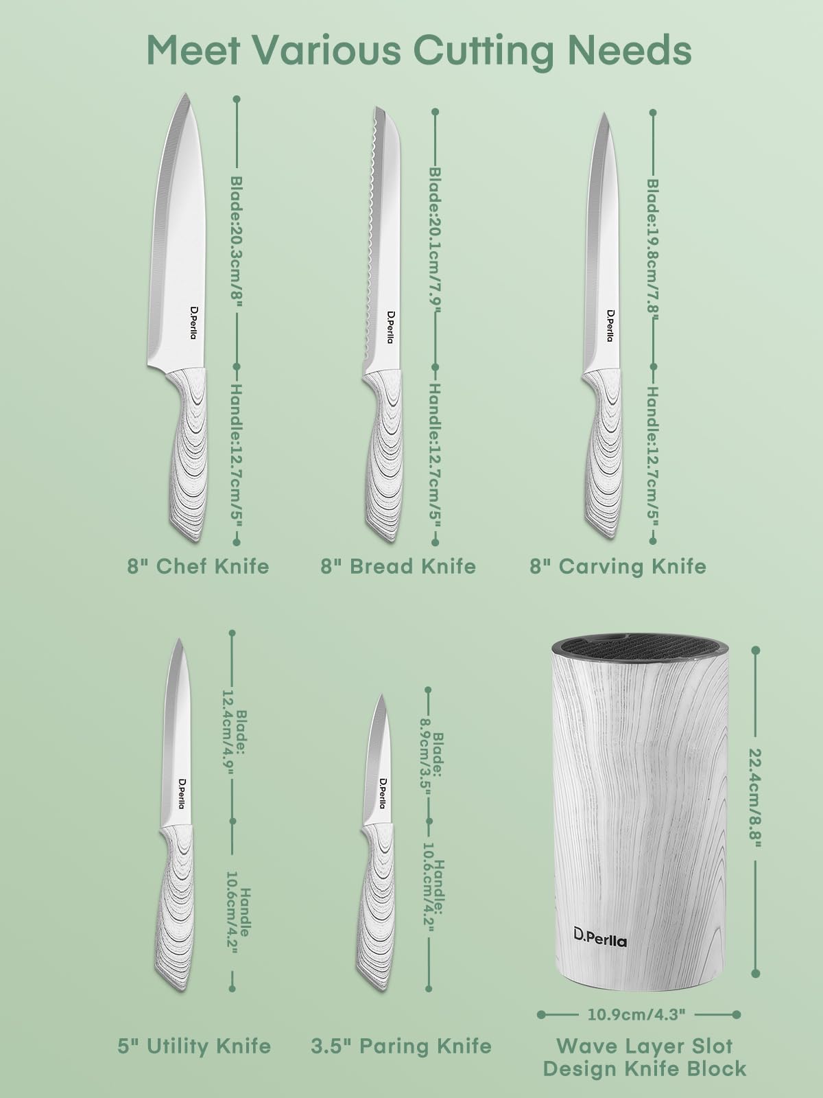 D.Perlla 6-TLG Messerblock mit Messerset, Ultrascharfes Edelstahl-Messerset mit Abnehmbarem Messerhalter für Einfache Reinigung, Geeignet für den Hausgebrauch, Restaurants und Picknicks