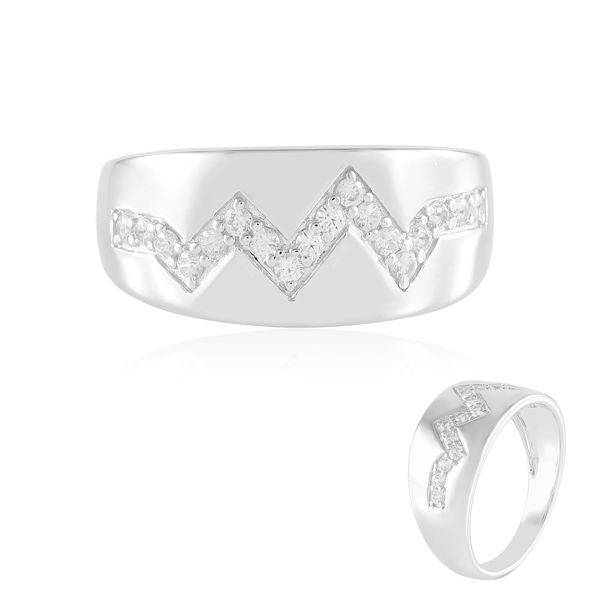 Cavill Zirkonring Silber 925 Sterling, breit platiniert mit 18 funkelnden Zirkonen rund geschliffen, 0,292 ct, modernes Zickzack-Design in Silber, Größen 16-21