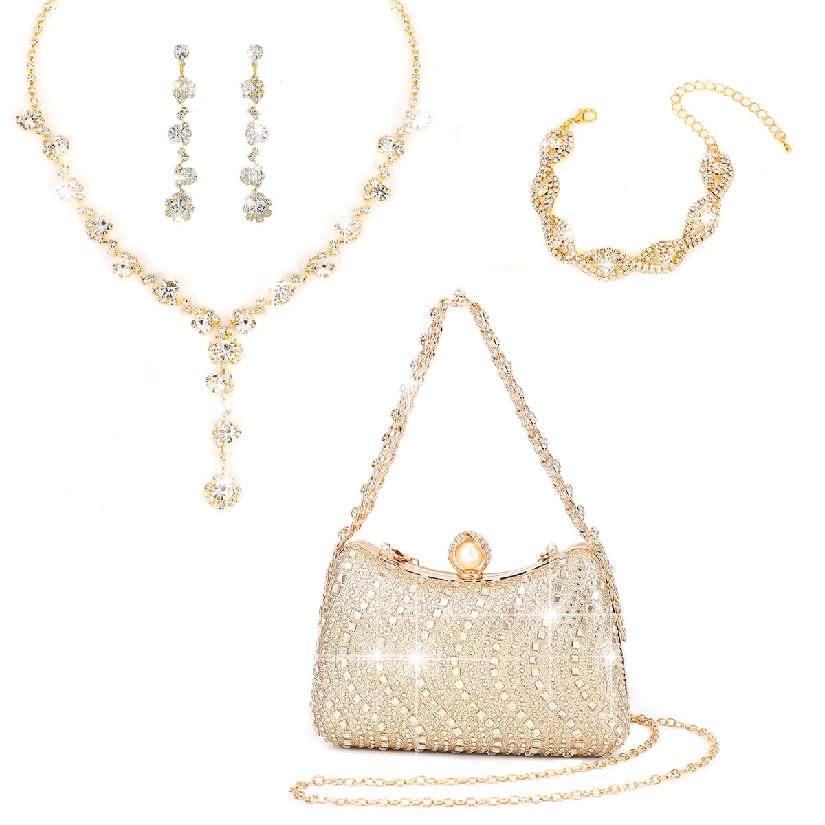 4pcs set of handcrafted diamond-encrusted wedding lady chain crossbody bag, necklace, earrings, bracelet, dinner bag, party ball bag, birthday and wedding, evening dress bag Fine gift