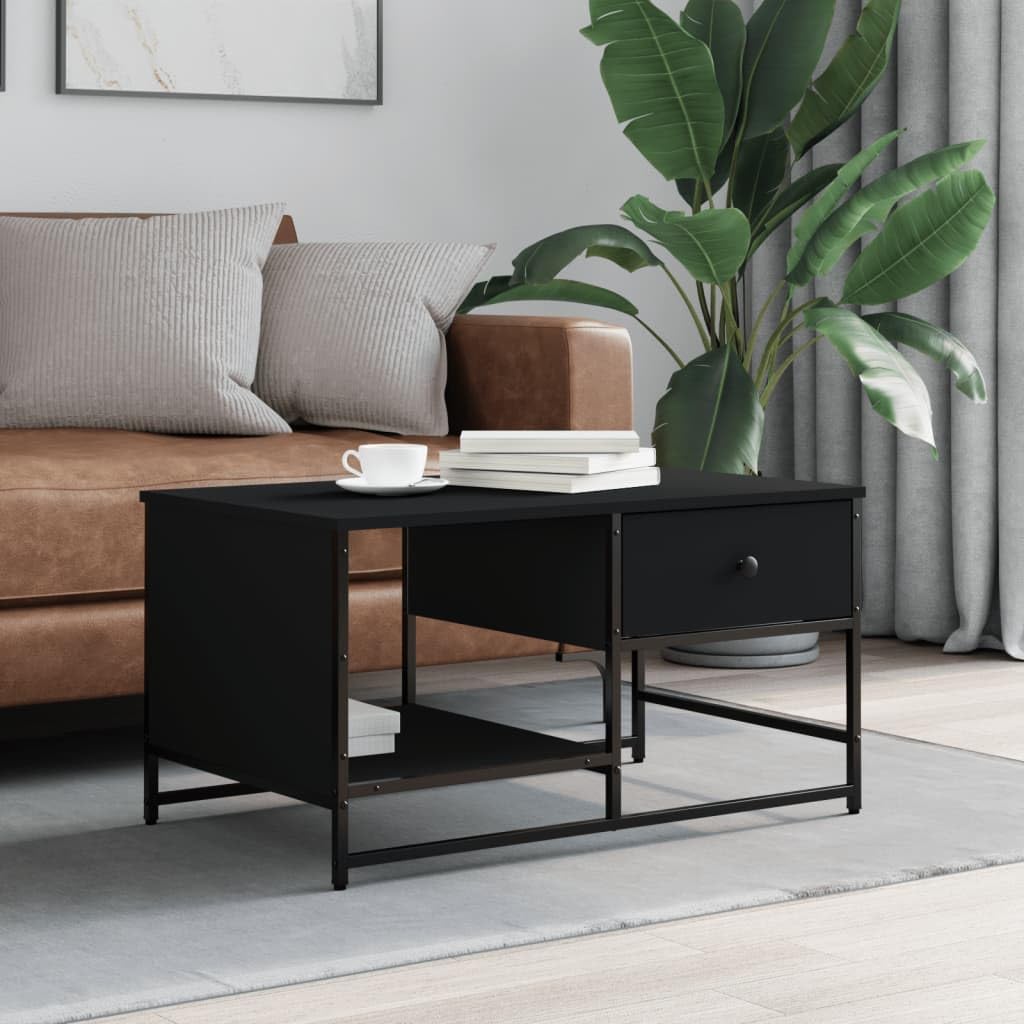 Table basse noire en bois et métal 85cm style industriel vintage