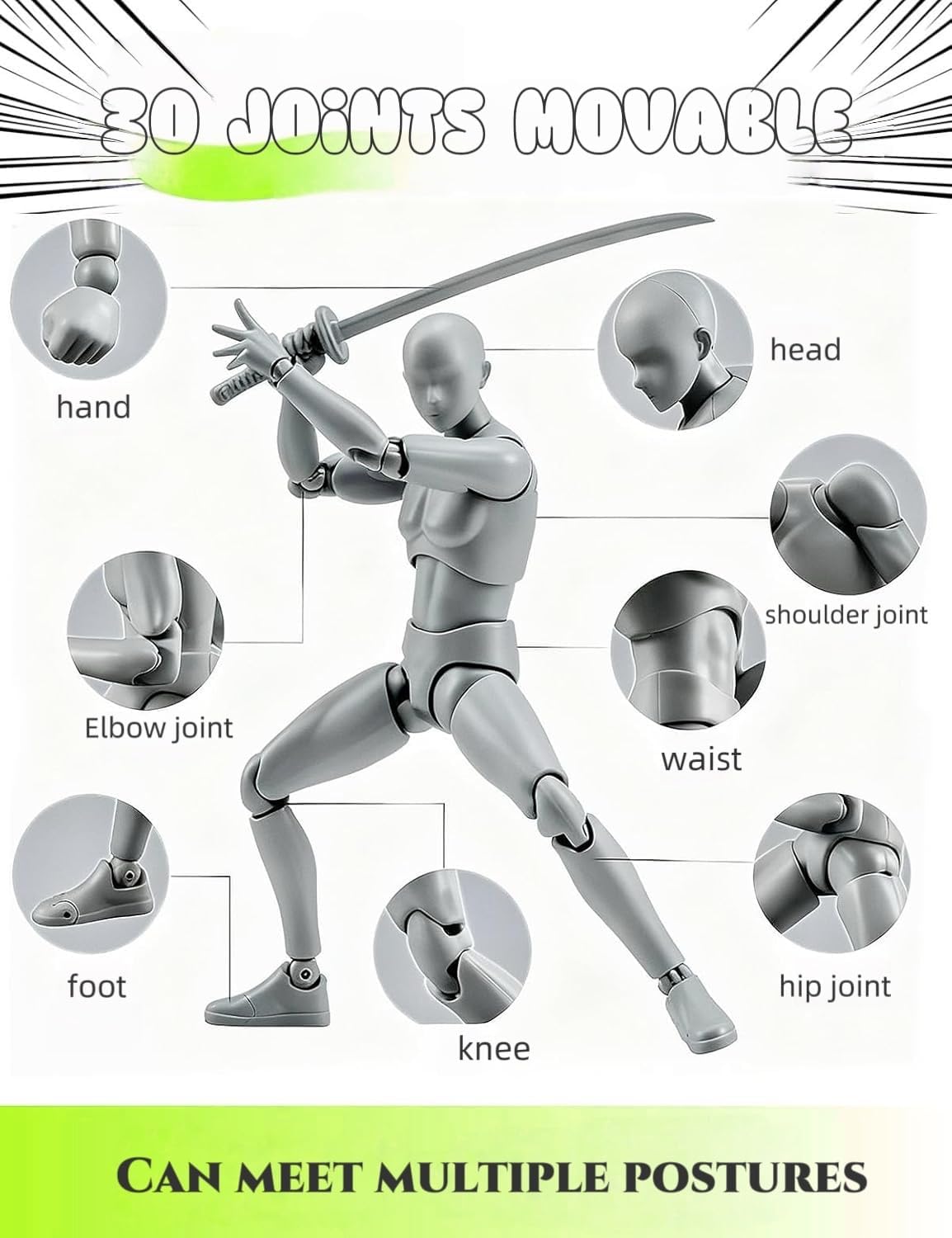 Artists Manikin Art Mannequin Figures Supplies Drawing Tools,Small Drawing Figure Model for Action Figure,Set Sketching,PaintingGray-Male