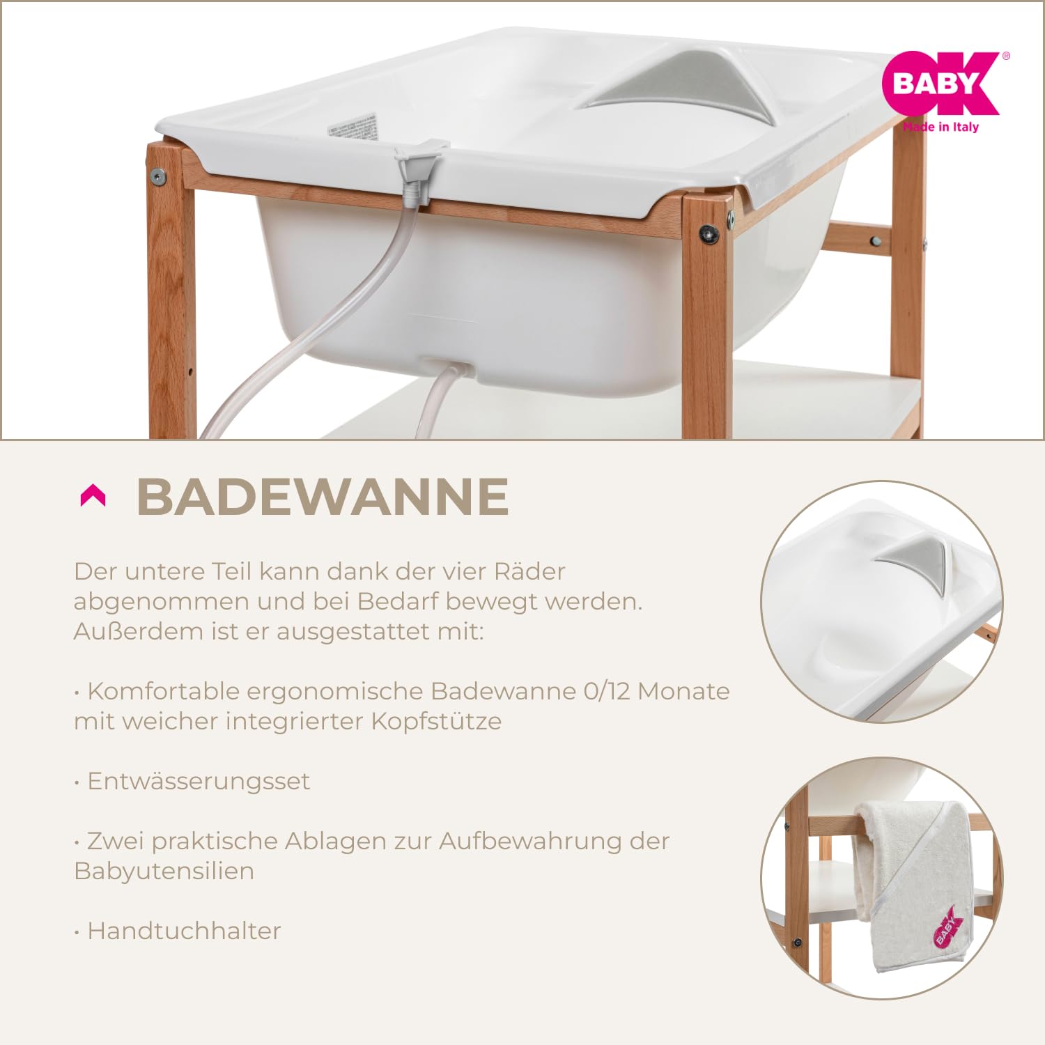 OKBABY Woody – Wickeltisch aus Holz mit ergonomischer Badewanne und Rädern, komplett mit weicher Wickelauflage für Neugeborene – 0–12 Monate (11 kg) – Weiß