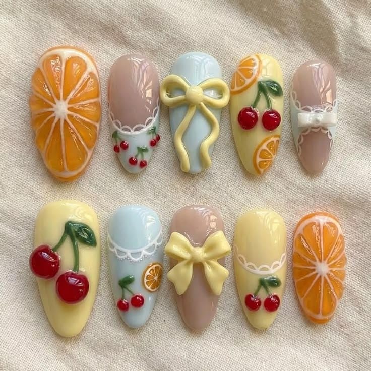 NAILS ELEGANCE - Handmade Citrus Cherry 3D Press-On Nails – Set of 10 with Application Kit | Reusable Orange Slice & Bow Nail Tips-image-42