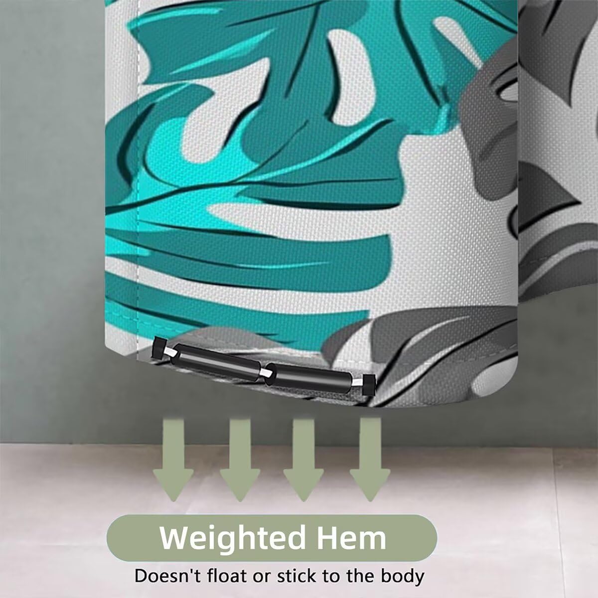 Grau Duschvorhang 240x200, Duschrollo mit 12 Duschvorhang Haken, Blatt Shower Curtains Beschwerter Saum, Waschbar Polyester Stoff Wasserdicht Extra Lang für Badewanne Badezimmer Deko, Geschenke -3281