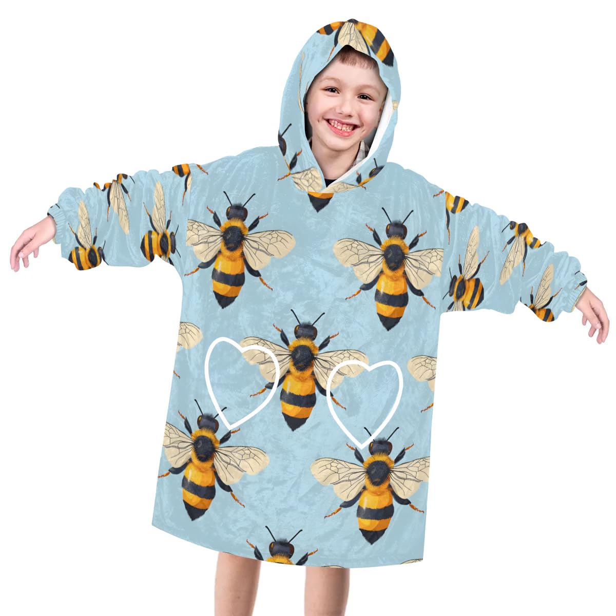 Pardick Wearable Blanket Hoodie for Kids, Tiny Bee Fleece Sweatshirt Blanket Oversized Blanket Sweatshirt with Pocket Flannel Warm Hooded Blanket 6-10 Year Old Girl Boy Gift, One Size