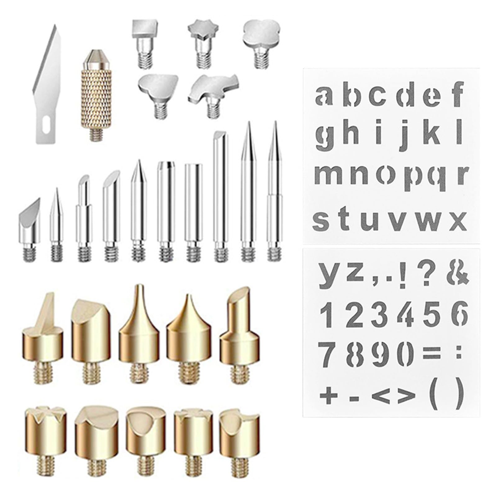 HELEMIY Wood Burning Pyrography Kit 26Pcs Pyrography Tips Wood Burning Soldering Chiseled Tips Handmade Carving Iron Tip with 2Pcs Various Letters Numbers And Symbols Stencils