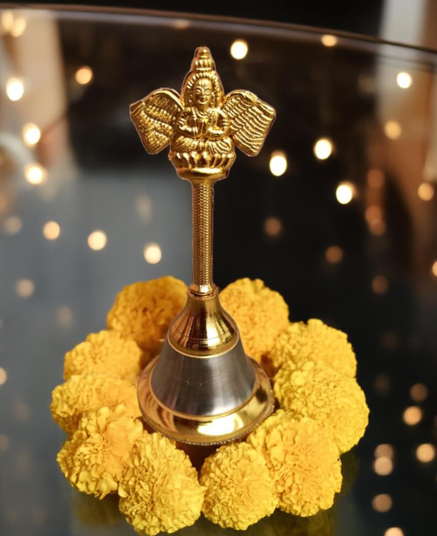 Om ShreeJee Decor Brass Metal Garud Pooja Prayer Bell/Ghanti for Home,Office Temple/Mandir | Religious Spiritual Item with Great Sound (Golden, 4.2 Inches)