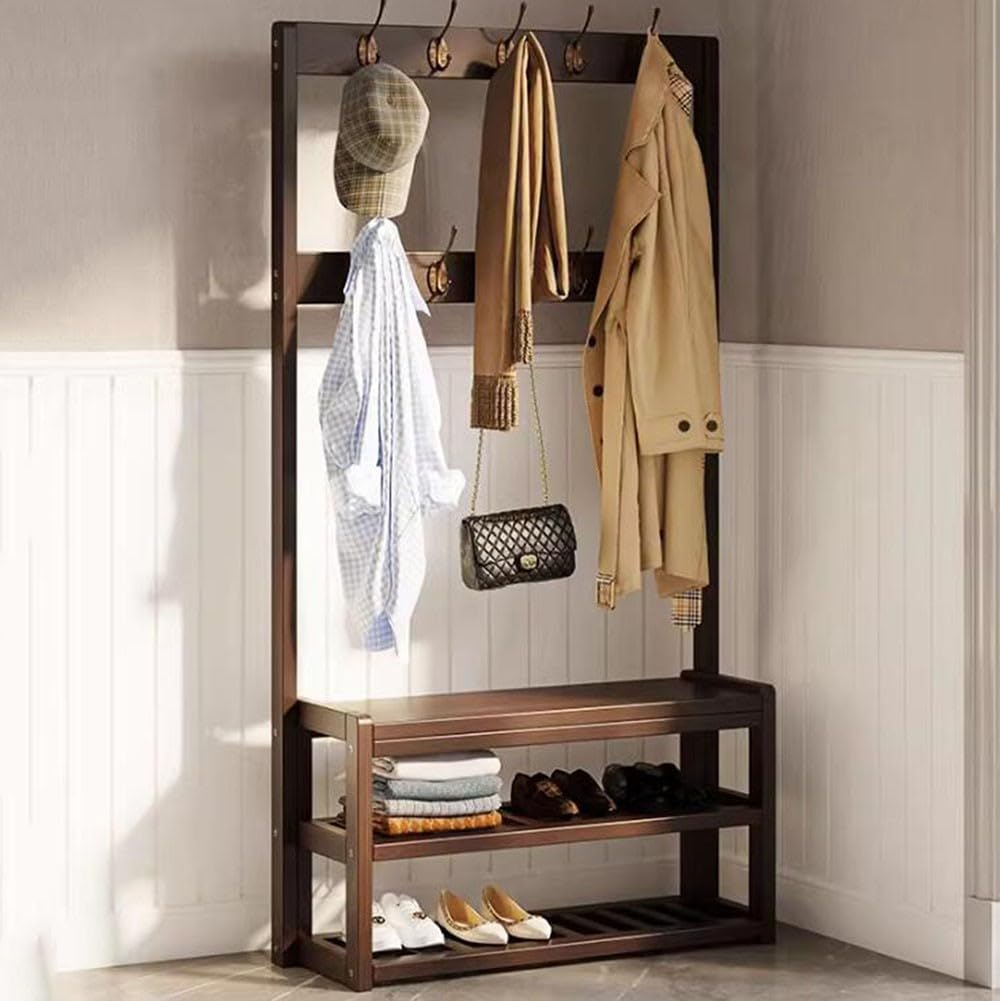 GDMDPTE Freestanding Coat Rack with Shoe Bench 2-Tier Shoe Storage and Hooks Entryway nizer for 6-8 Pairs Easy Assembly for Living Room or Hallway