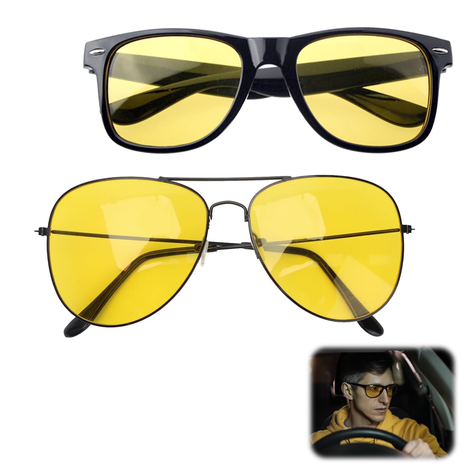 Lot de 2 Lunettes de Vision Nocturne Anti-Éblouissement Conduite Verres Jaunes Polarisés TAC UV400 Sur-Lunettes Légeres Compatibles avec Montures de Vue pour Homme Femme Nuit Pluie Brouillard Golf