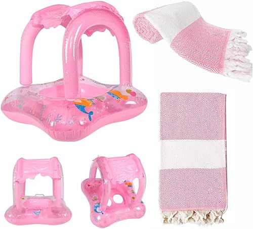 Flotador de piscina para bebé con toldo y toalla de playa para niños, flotador inflable rosa con asiento de seguridad, parasol para barco para niños