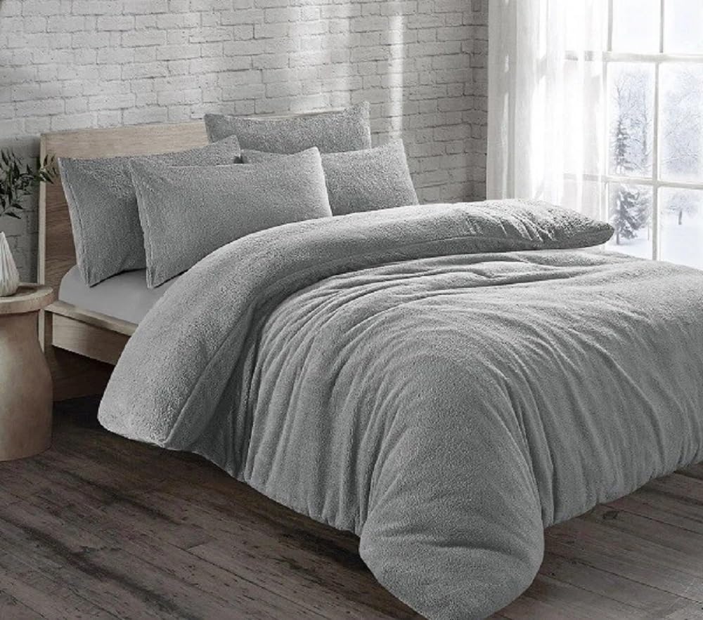 VL Teddy Fleece Duvet Cover Set Thermal Warm & Fluffy Soft Bedding with Pillow Cases or Fitted Sheet Cozy and Dependable Winter Relaxation (Silver, Double (Duvet Cover Set))