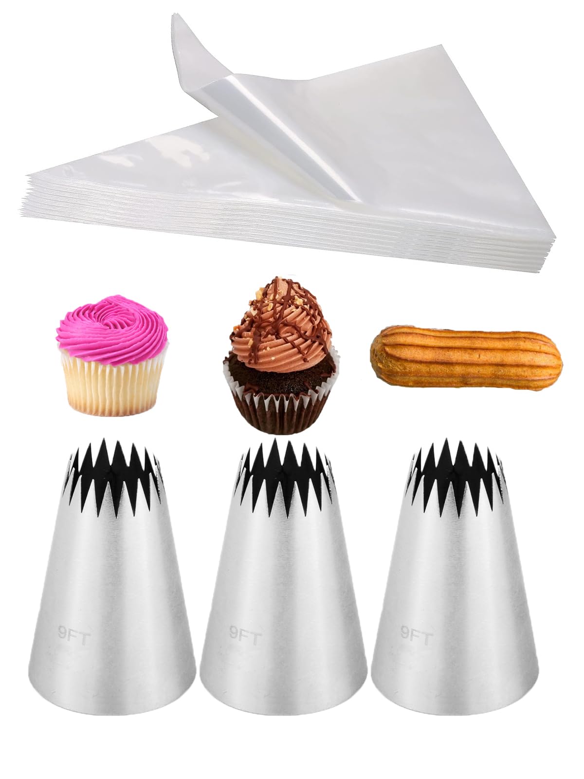 Churro Bags and Tips Set,3 French Star Piping Tips for Eclairs & 20 Disposable Pastry Bags 18 inch