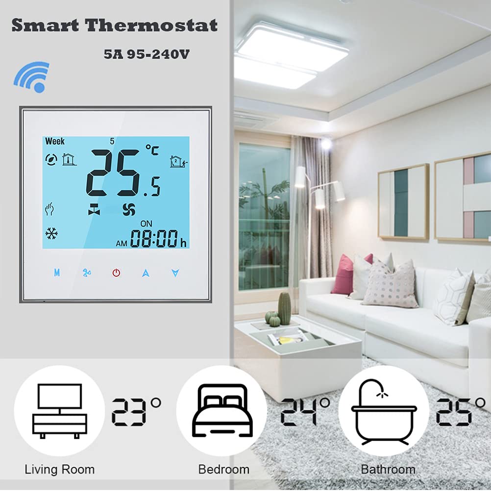 Termostato Smart Wifi Aria condizionata Regolatore di temperatura con schermo LCD a 2 tubi, Funziona con Alexa Google Home, Illuminazione morbida dello schermo, 95~240 V CA.