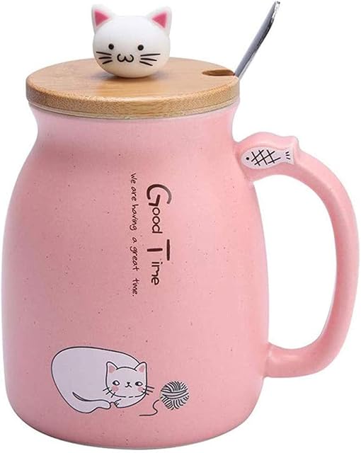 Sharemee - Cute Cat Ceramic Mug with Spoon and Three-Dimensional Kitty Wood Lid, Coffee Cup, Tea Cup, Milk Cup for Present, Pink 450ml/15oz