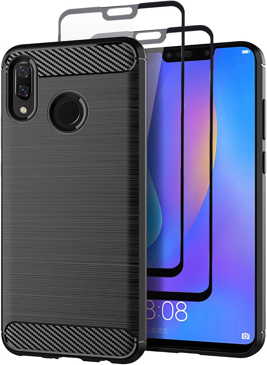 Teayoha Case for Huawei Y9 2019, with Tempered Glass Screen Protector [2 Pack], Carbon Fiber Scratch Resistant, Shock Absorption Soft TPU Drawing Protective Cases Cover - Black